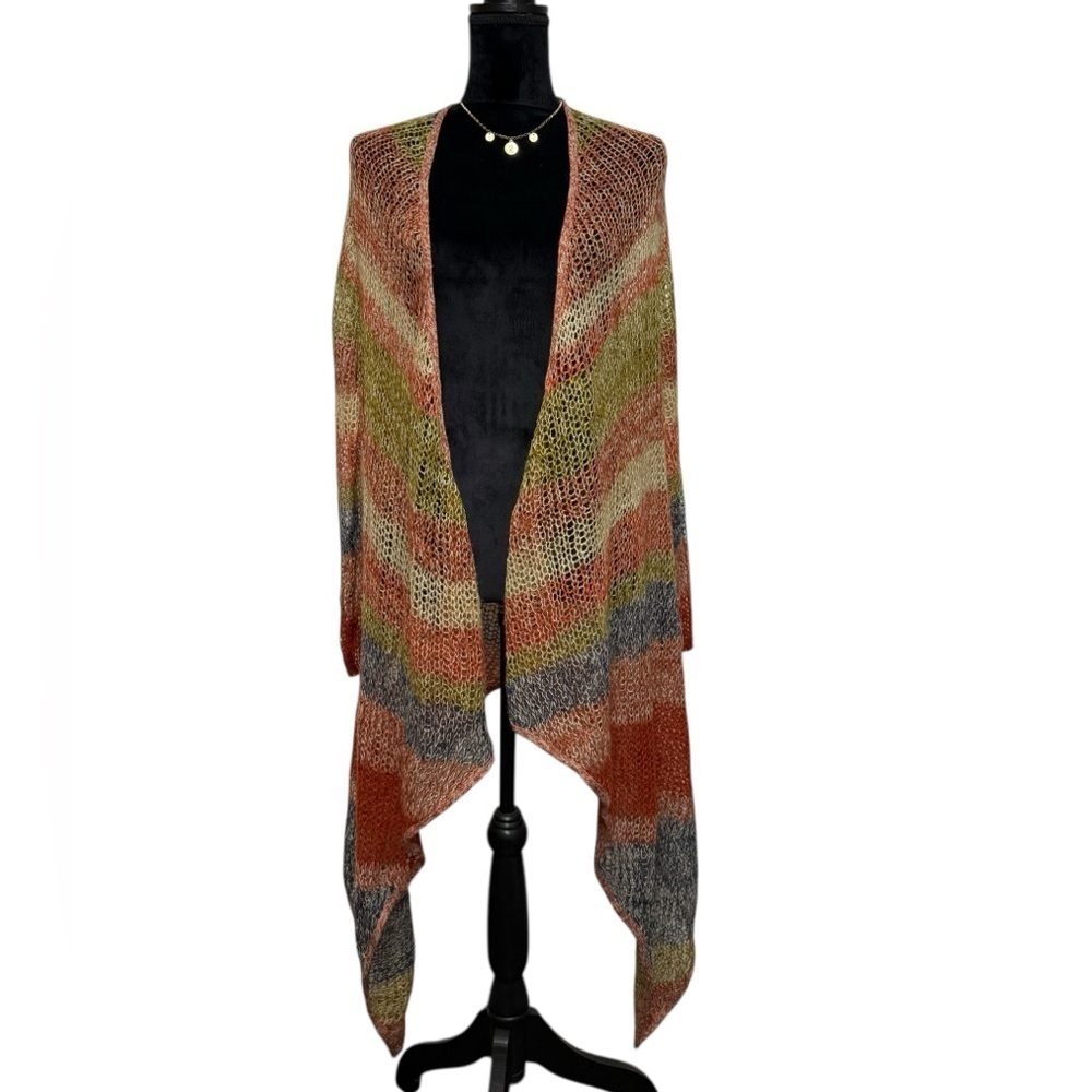 Lucky Brand Open Knit Wool Multicolor Drape Asymmetrical Cardigan Rust Olive M